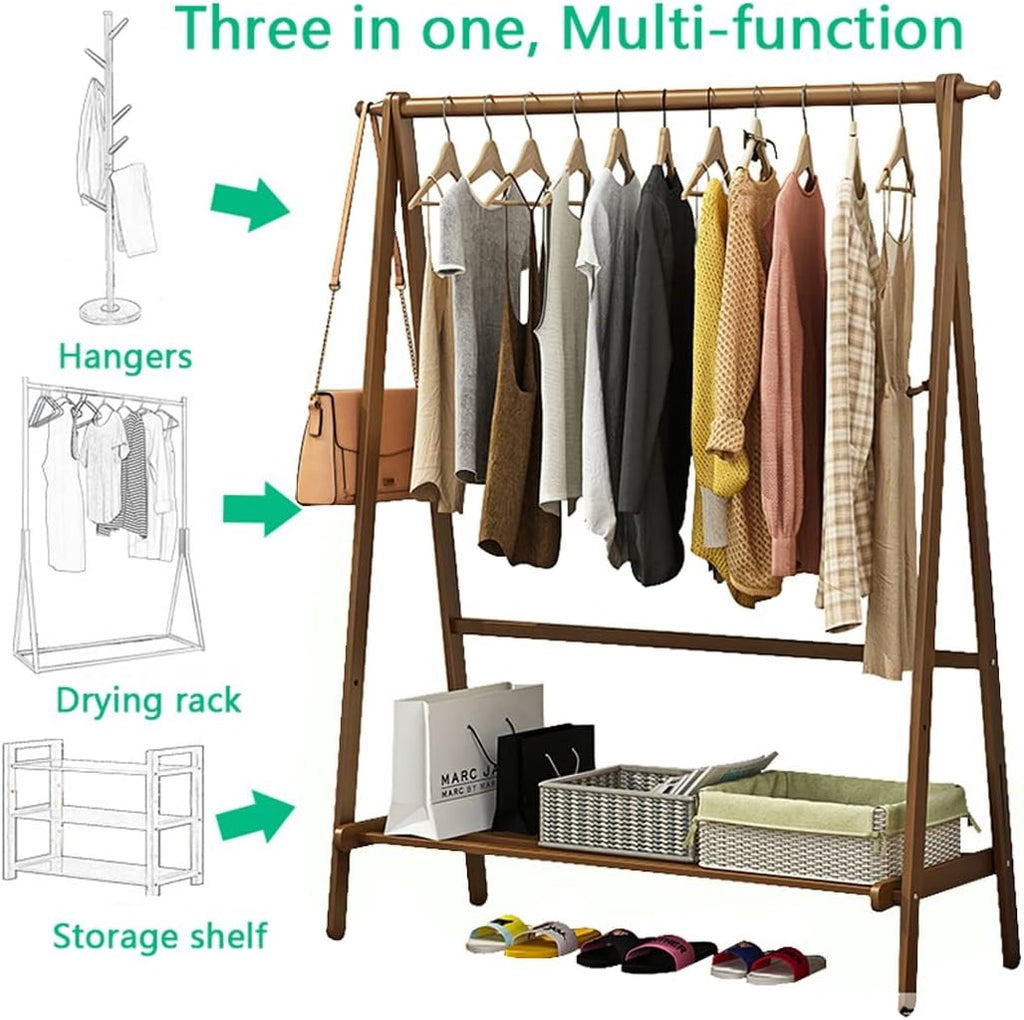 Heavy Clothes Rails Shoe Bench Coat Stand Rack Hanger Bamboo Wood Garment Rack Clothing Rack with 1 Tiers Storage Shelf Corner Clothes Hanging Rack for Coat Jacket Trouser Shoe Coa