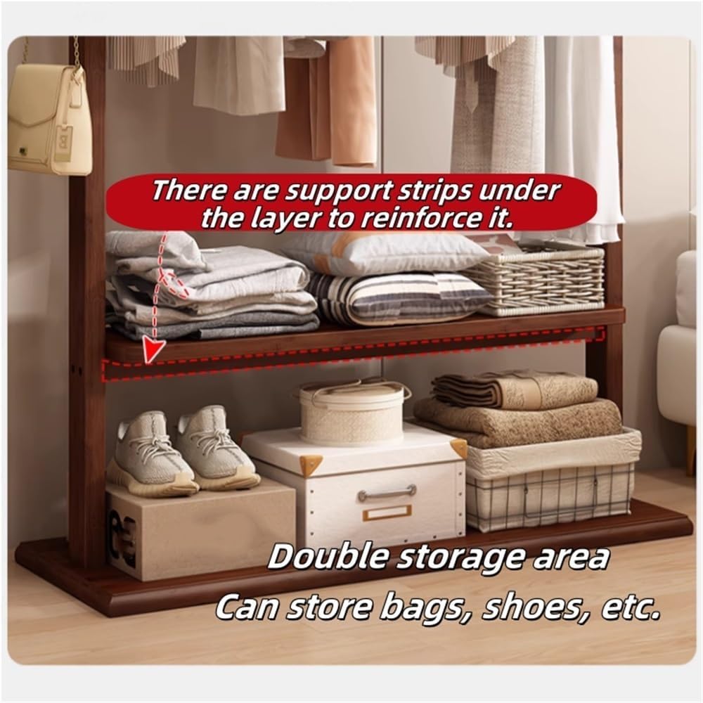 Bamboo Clothes Rack for Hanging Clothes, Freestanding Garment Rack with Double Shelves, Floor-Standing Clothing Organizer for Bedroom or Closet Storage(Brown,105cm-41.3in)