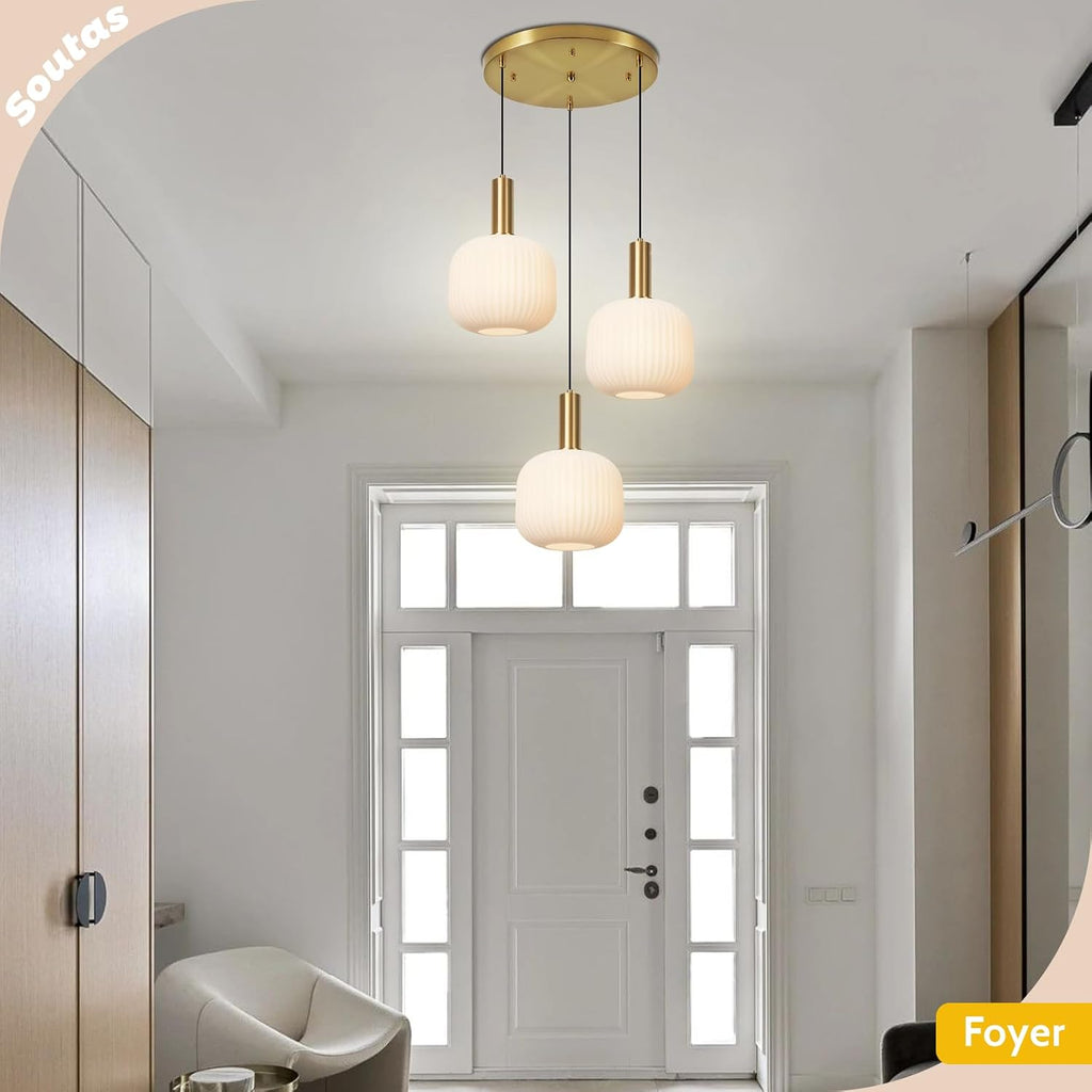White Glass Pendant Light Fixtures 3-Light Cluster Ceiling Chandelier Milk Striped Globe Shade Adjustable Gold Hanging Light for Bedroom Kitchen Island