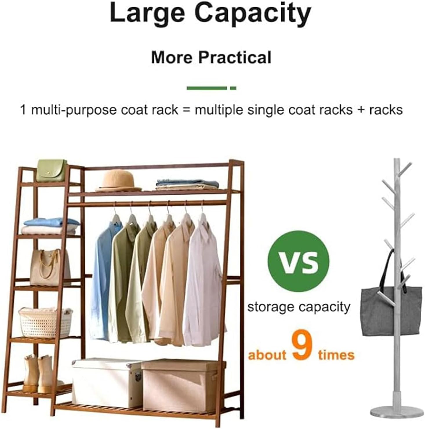 Bamboo Clothing Garment Rack Free Standing Clothes Coat Hanger Closet Organizer Multi-tiered Wardrobe Storage Shelves,Clothes Hanging Racks for Hall Living Room Bedroom Entryway,C,130cm