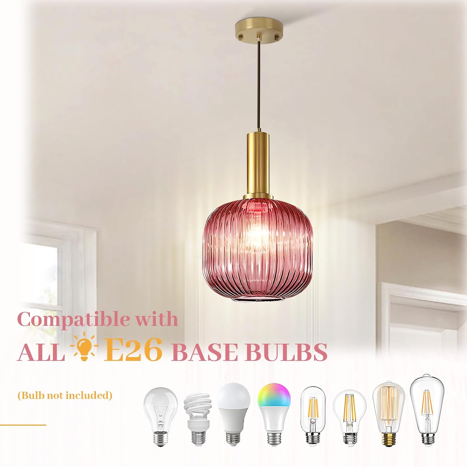 Glass Pendant Lamp Pink Pendant Light Kitchen Pendant Lighting Over Island Mid Century Modern Hanging Ceiling Light Gold Single Globe Chandelier Light Fixture for Dining Room Bedroom Hallway