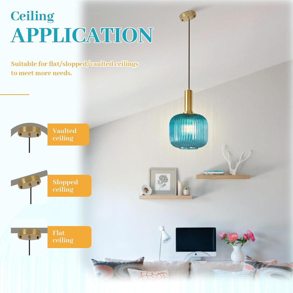 Modern Blue Pendant Light, Glass Hanging Light with Gold Finished, Mid Century Kitchen Lighting Fixture Ceiling Hanging, Coastal Pendant Lighting for Dining Room Kitchen Island