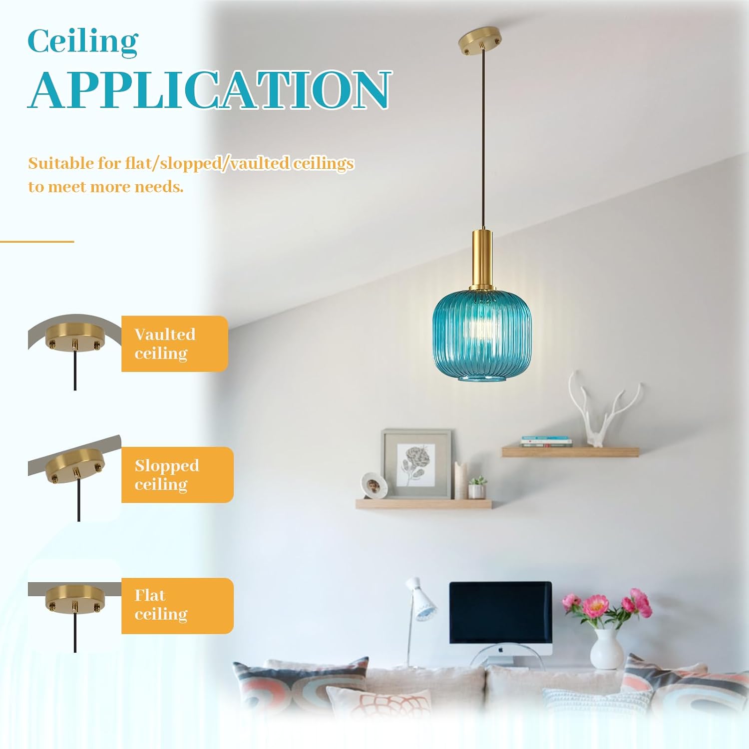 Modern Blue Pendant Light, Glass Hanging Light with Gold Finished, Mid Century Kitchen Lighting Fixture Ceiling Hanging, Coastal Pendant Lighting for Dining Room Kitchen Island