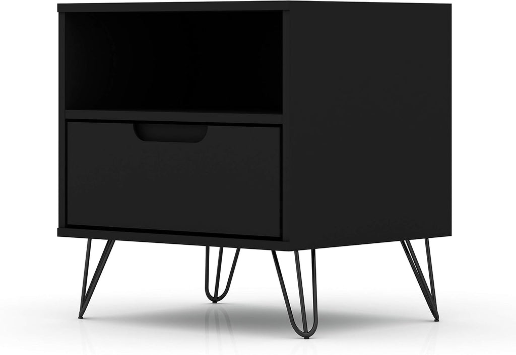 Manhattan Comfort Rockefeller Nightstand with Drawer and Cubby, Mid Century Modern Bedside Table, Minimalist Display and Storage Organizer, Ideal for Bedroom and Living Room, Black