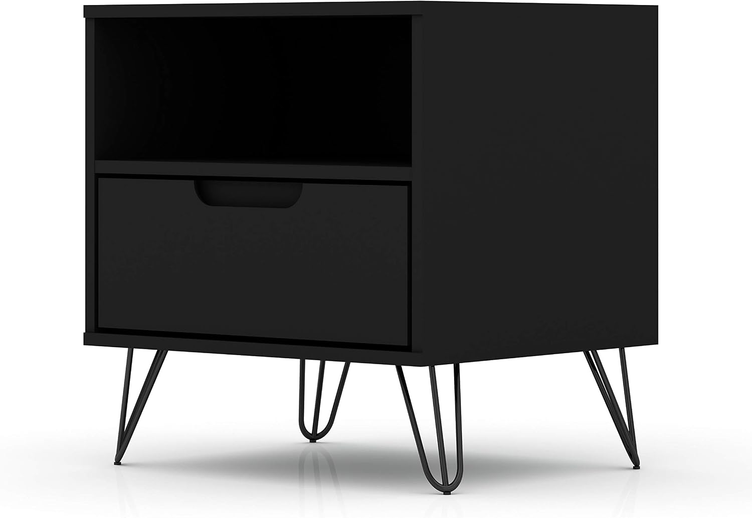 Manhattan Comfort Rockefeller Nightstand with Drawer and Cubby, Mid Century Modern Bedside Table, Minimalist Display and Storage Organizer, Ideal for Bedroom and Living Room, Black