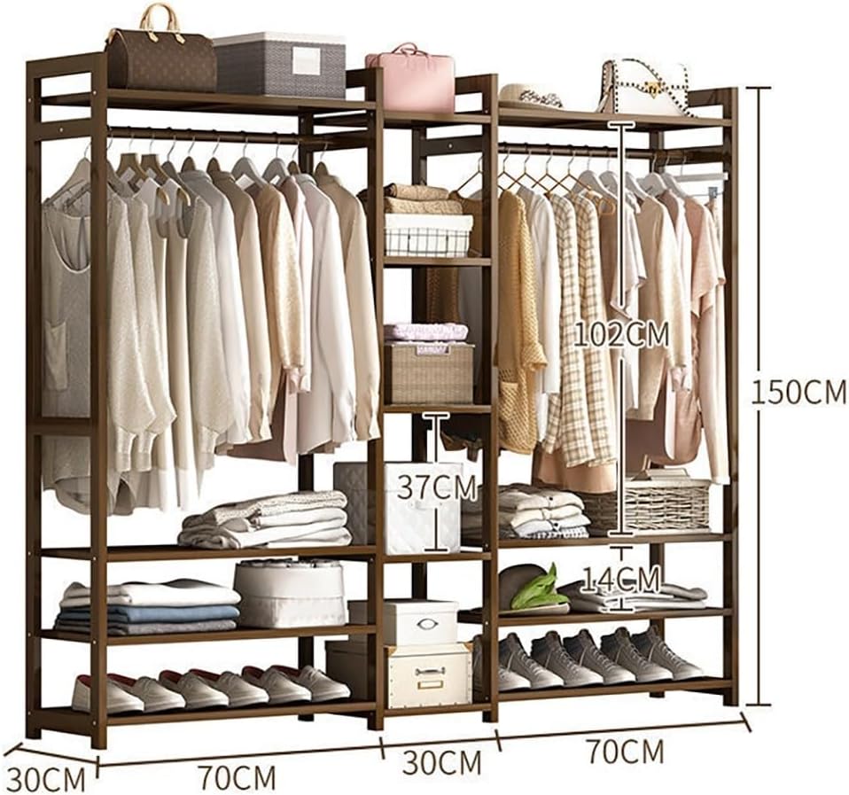 Bamboo Coat Stand with Storage Shelves and Compartments Portable Clothes Rack for Bedroom and Entryway
