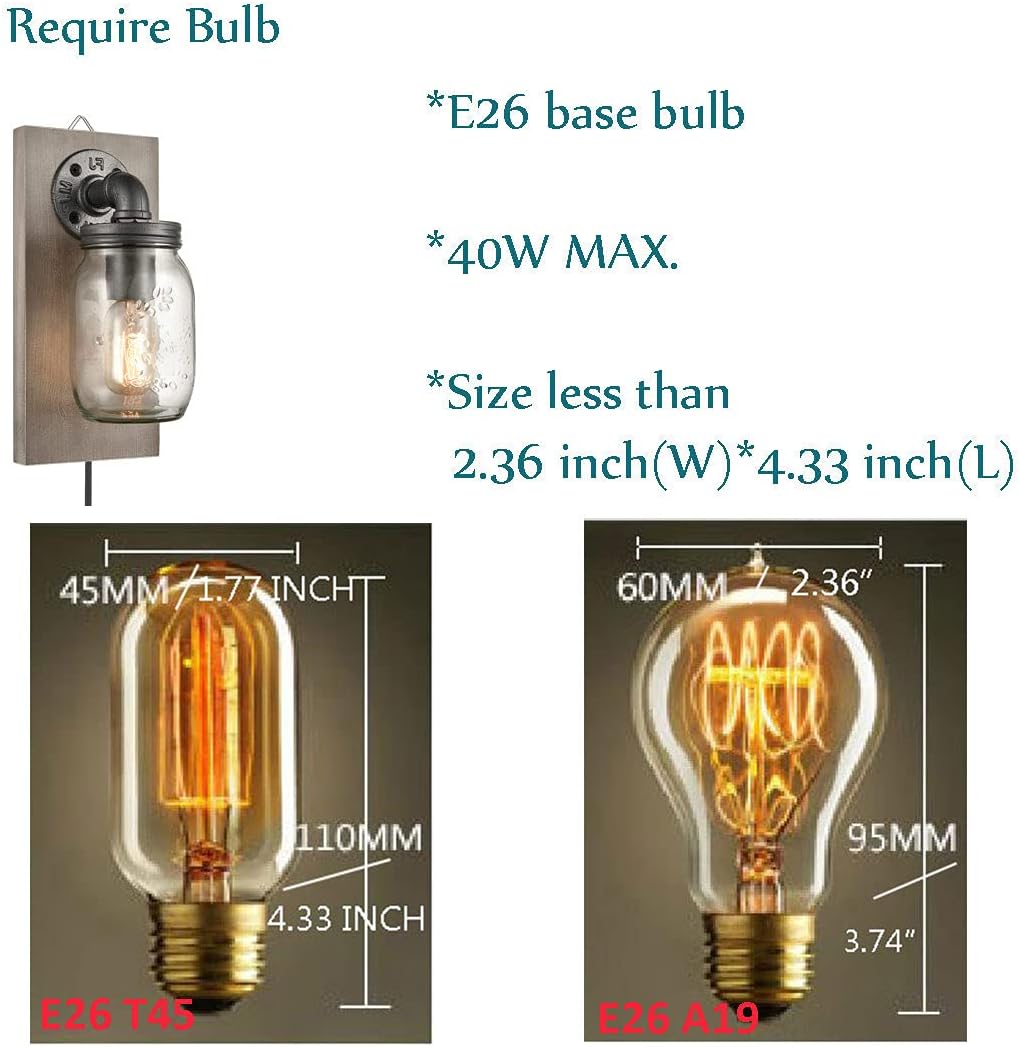 EUL Farmhouse Mason Jar Wall Sconces Hanging Wall Light, Plug-in Set of 2 2-Pack