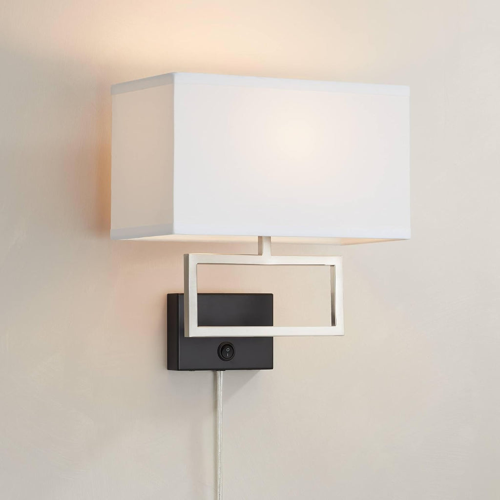 Possini Euro Design Trixie Modern Indoor Wall Lamp Brushed Nickel Silver Matte Black Plug-in Light Fixture Rectangular Fabric Shade for Bedroom Bedside House Reading Living Room Home Hallway Dining
