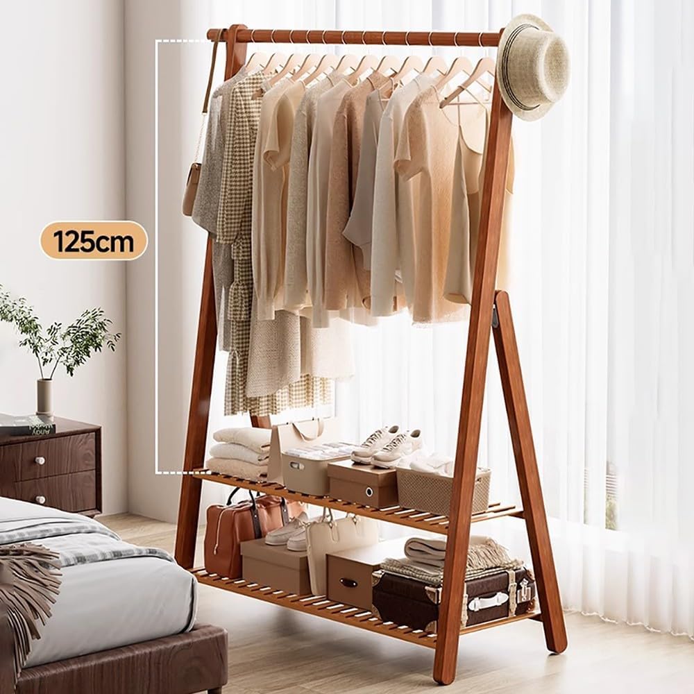 Bamboo Clothes Rail for Bedroom Storage Open Wardrobe with 2 Shelves Versatile Garment Rack for Hanging Clothes Towels Shoes & Boxes Space Saving nizer