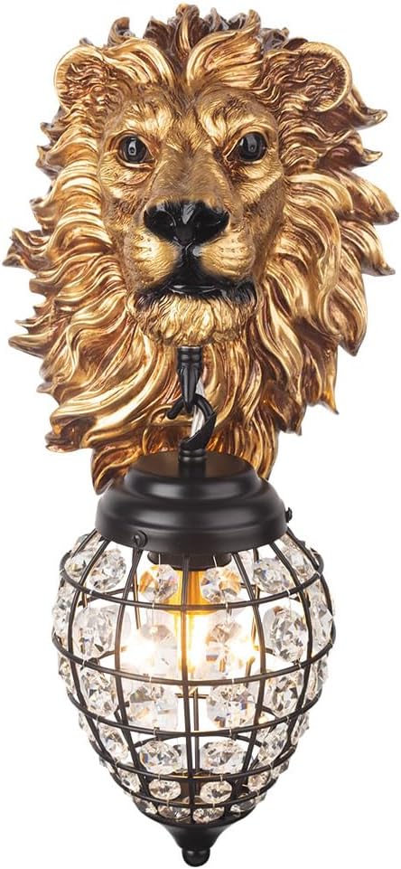 Gold Lion Head & Black Crystal Wall Sconce, Retro Baroque Resin Wall Lamp for Living Room Bedroom Bedside Stairs Bathroom Mirror, Luxury Lighting Fixture, E26 Base