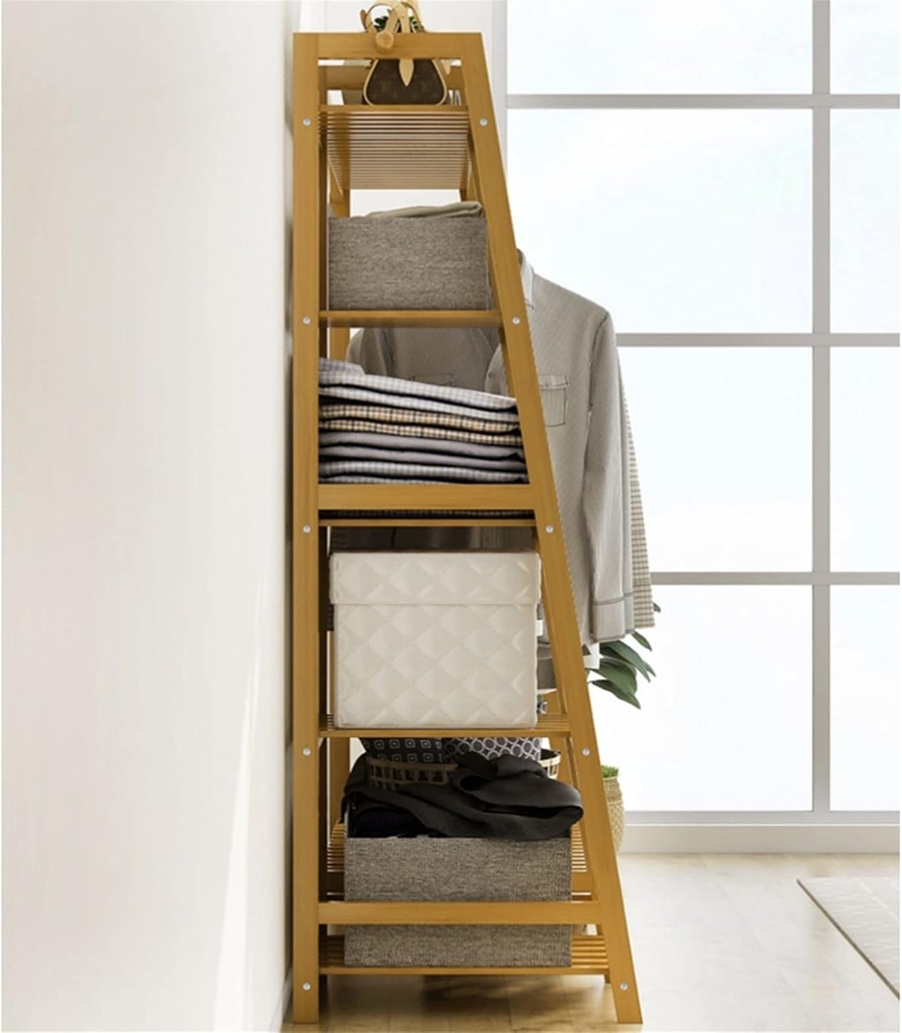 Bamboo Shoe Bench Coat Stand Rack Hanger Organizer with Heavy Duty Garment Rack Standing Closet Storage Open Wardrobe for Hanging Clothes and Storage 130Cm,OneColor