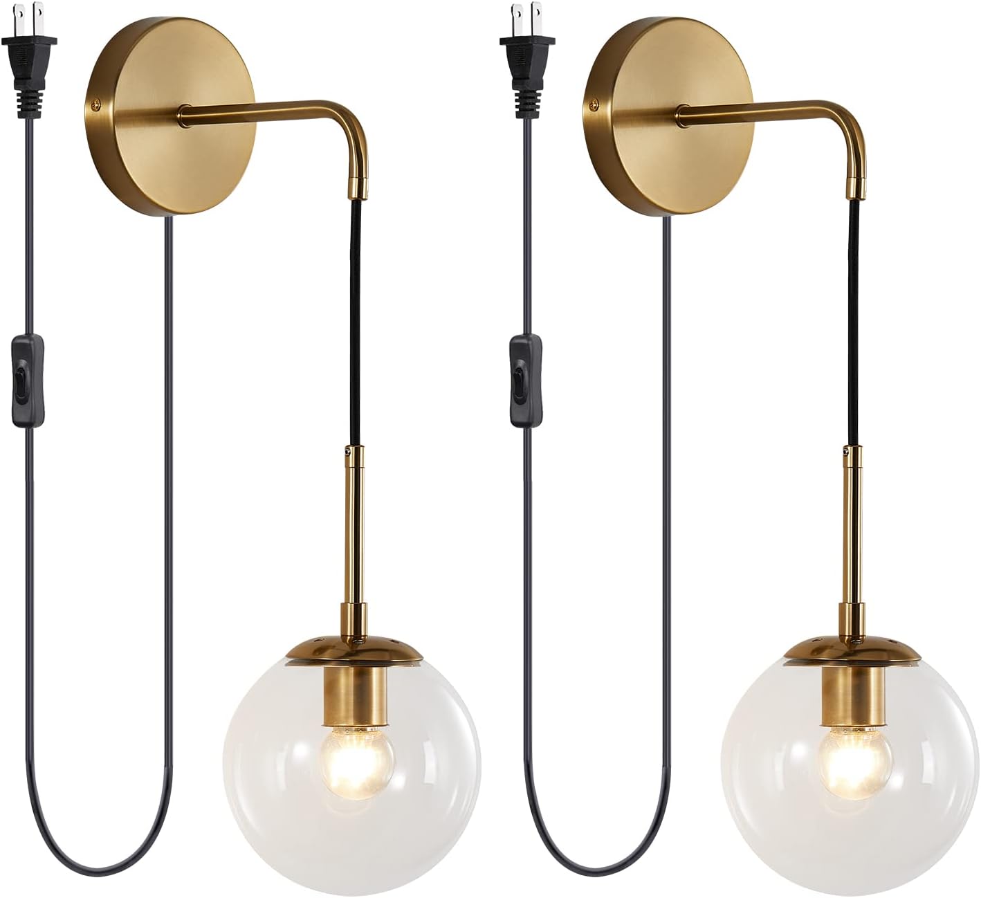 KCO Modern Globe Wall Sconce with Plug in Industrial Vintage Wall Lamp On/Off Switch Minimalist 1-Light Mounted Lamps for Bedroom Living Room Corridor (Clear & 2-Pack)