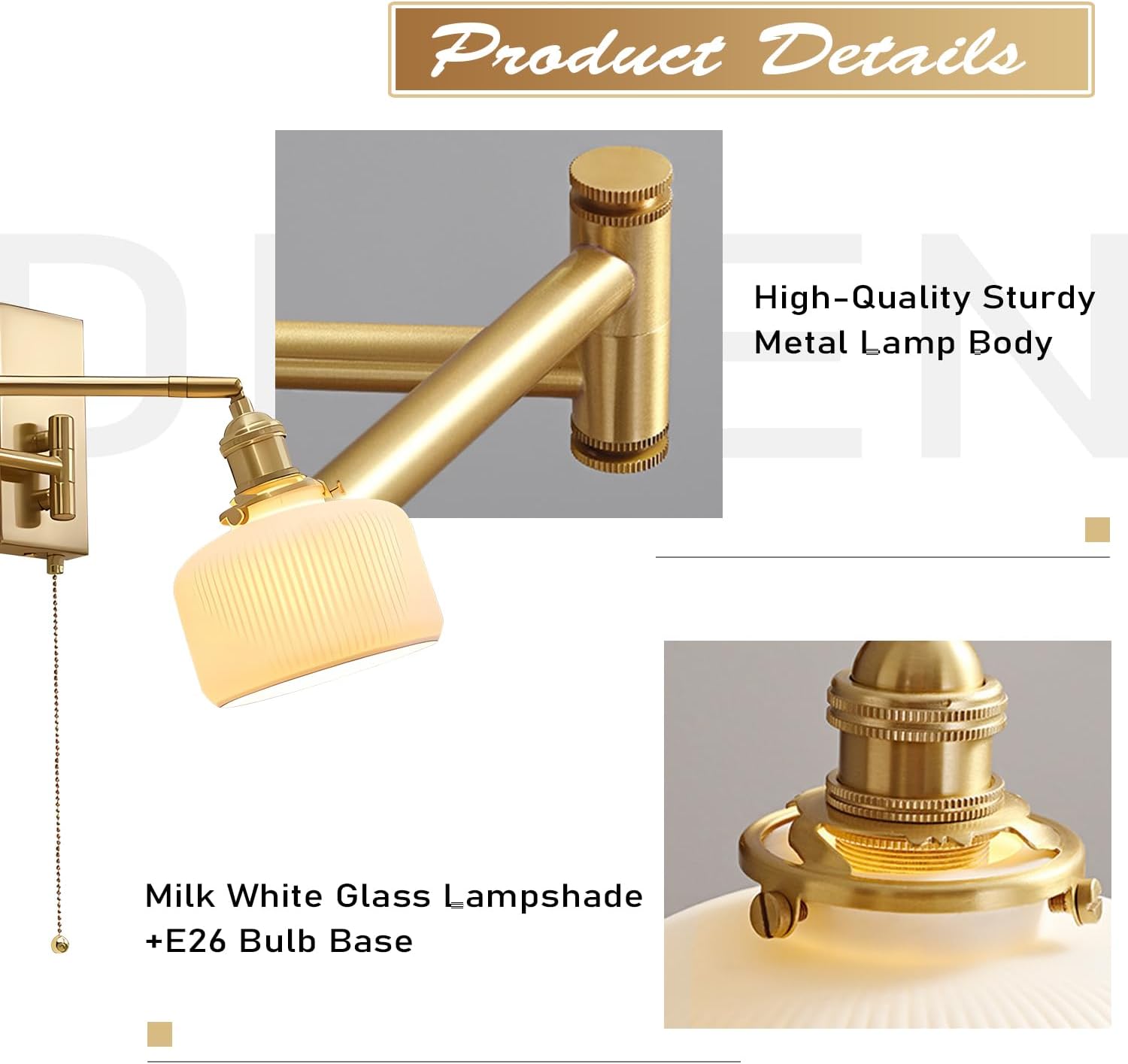 Gold Wall Sconces Set of 2 Modern Brass Swing Arm Wall Lamp with Pull Chain Milk GlassLight Fixture for Bedroom Living Room Hallway MWL14B-2