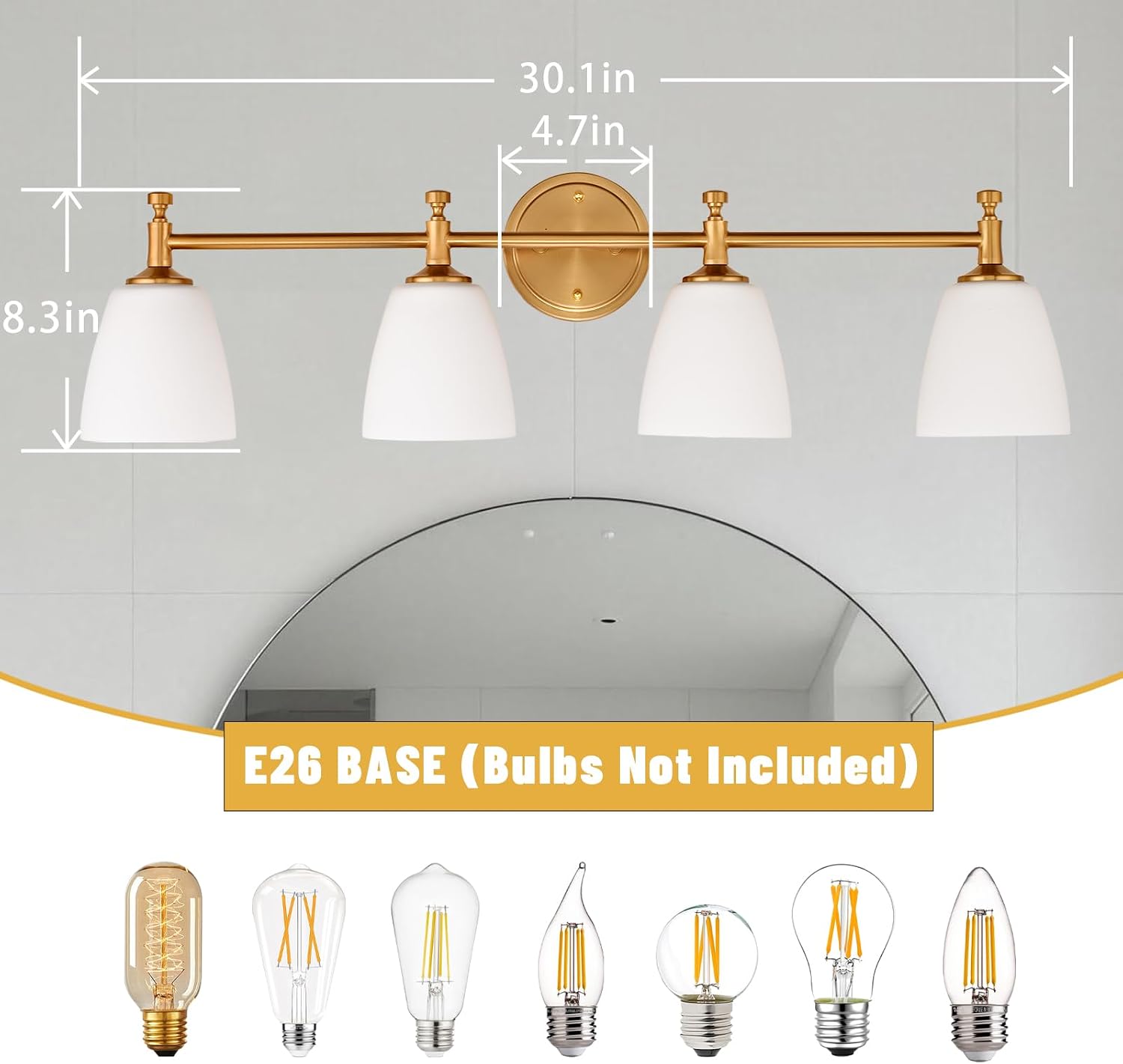 Bathroom Vanity Light Fixture, 4-Light Vintage Bathroom Lighting Fixtures Over Mirror, Antique Brass Finish with Frosted Milk Glass Shade, Wall Sconces Lighting for Bedroom, Living Room, Hallway