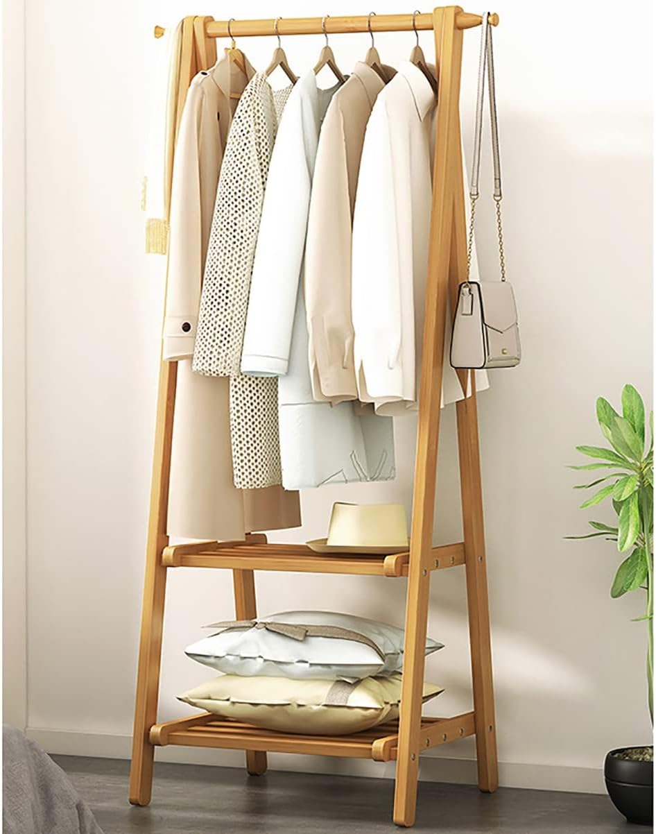 Bamboo Wood Garment Rack, with Storage Shelves, Clothes Hanging Rack, for Entryway Living Bedroom (Brown 66 * 40 * 160cm)