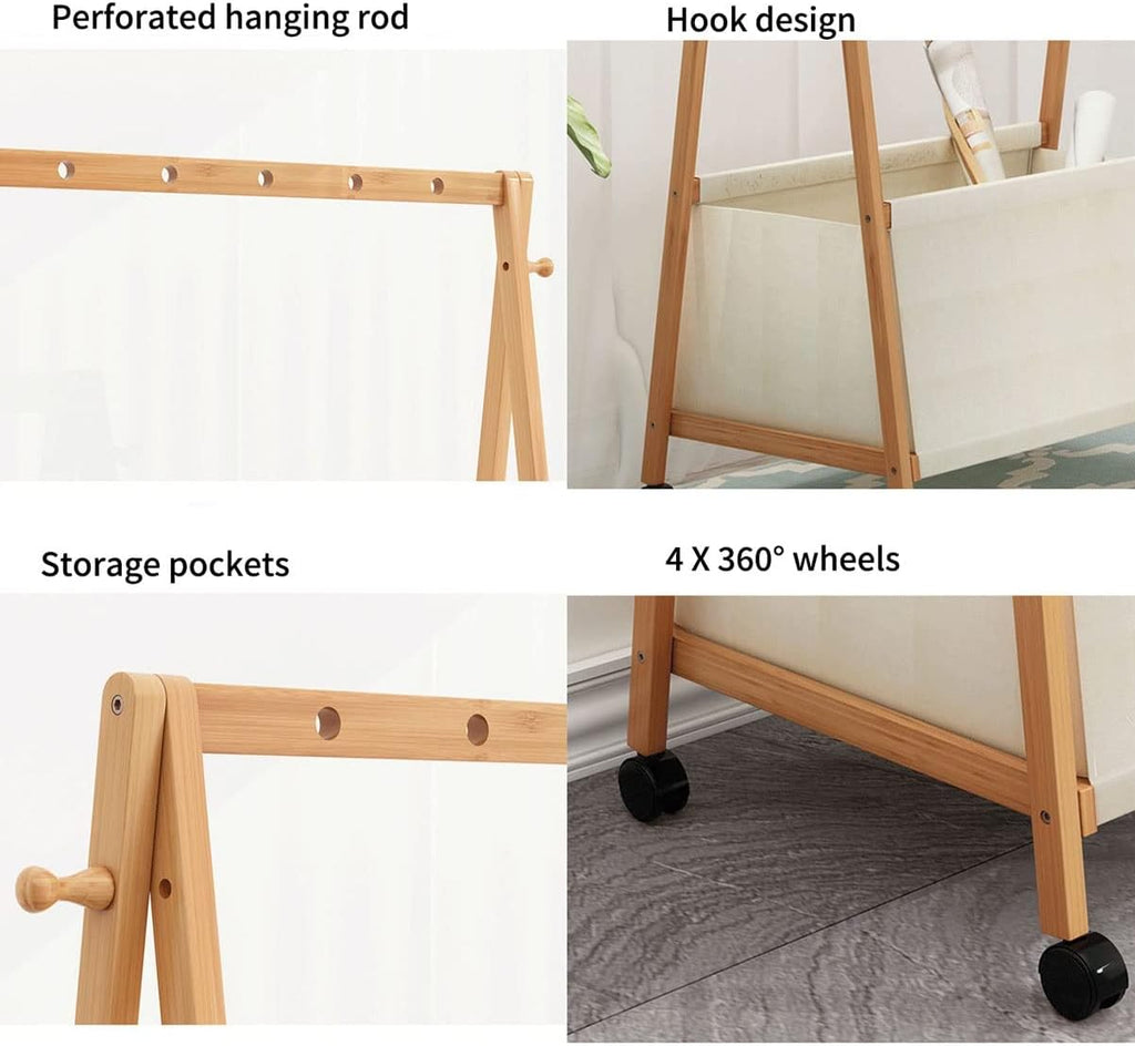 Foldable Clothes Hanging Rack, Bamboo Garment Rack On Wheels, for Bedroom Living Room, Space Saver,70 * 37 * 146cm