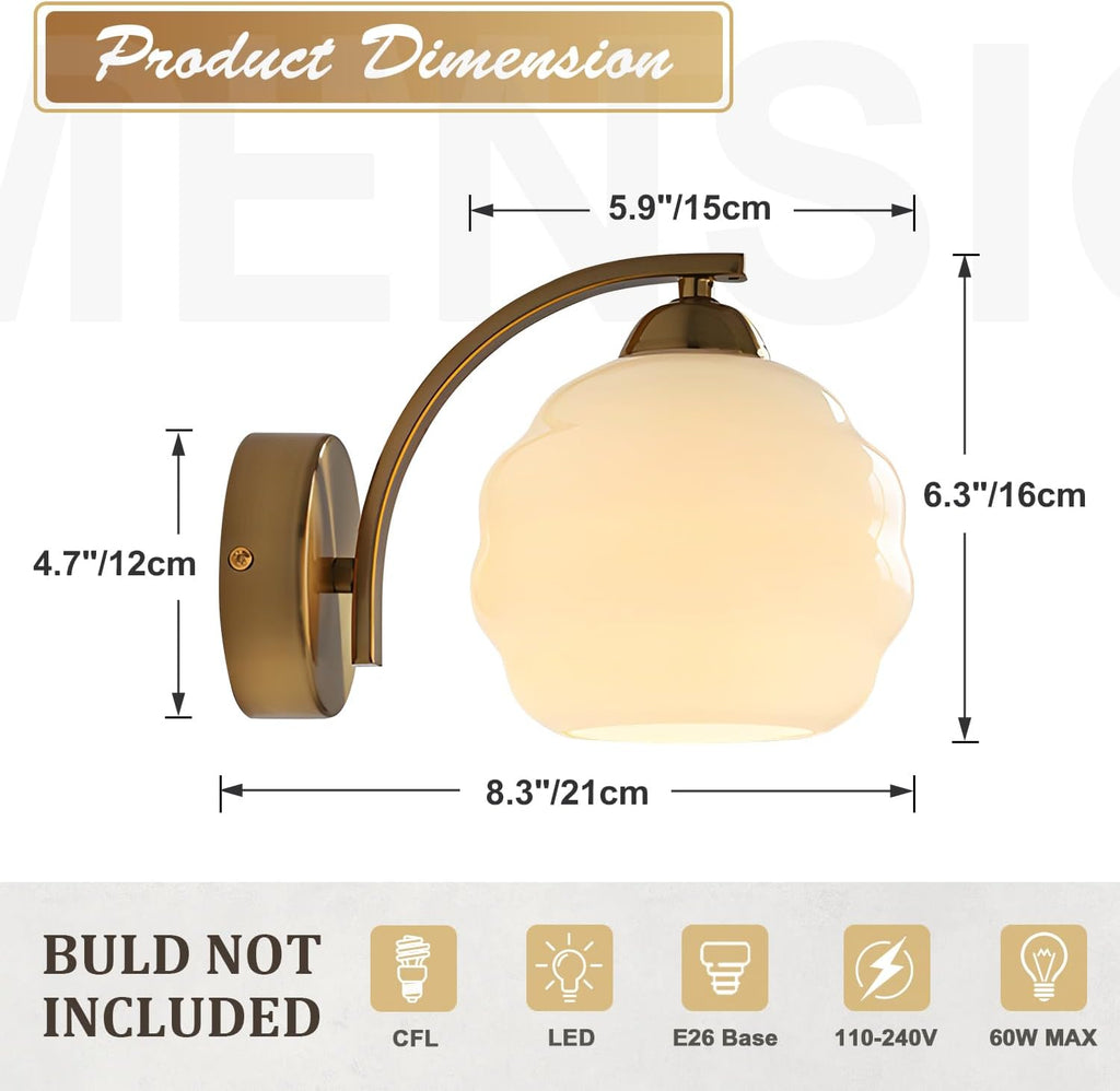 Gold Wall Sconces Set of 2 Modern Industrial Bathroom Vanity Sconces Wall Lighting Indoor Brushed Brass Wall Sconces Golden Globe Glass Wall Lamp for Bedroom, Living Room MCL13W-2 (2Pack)