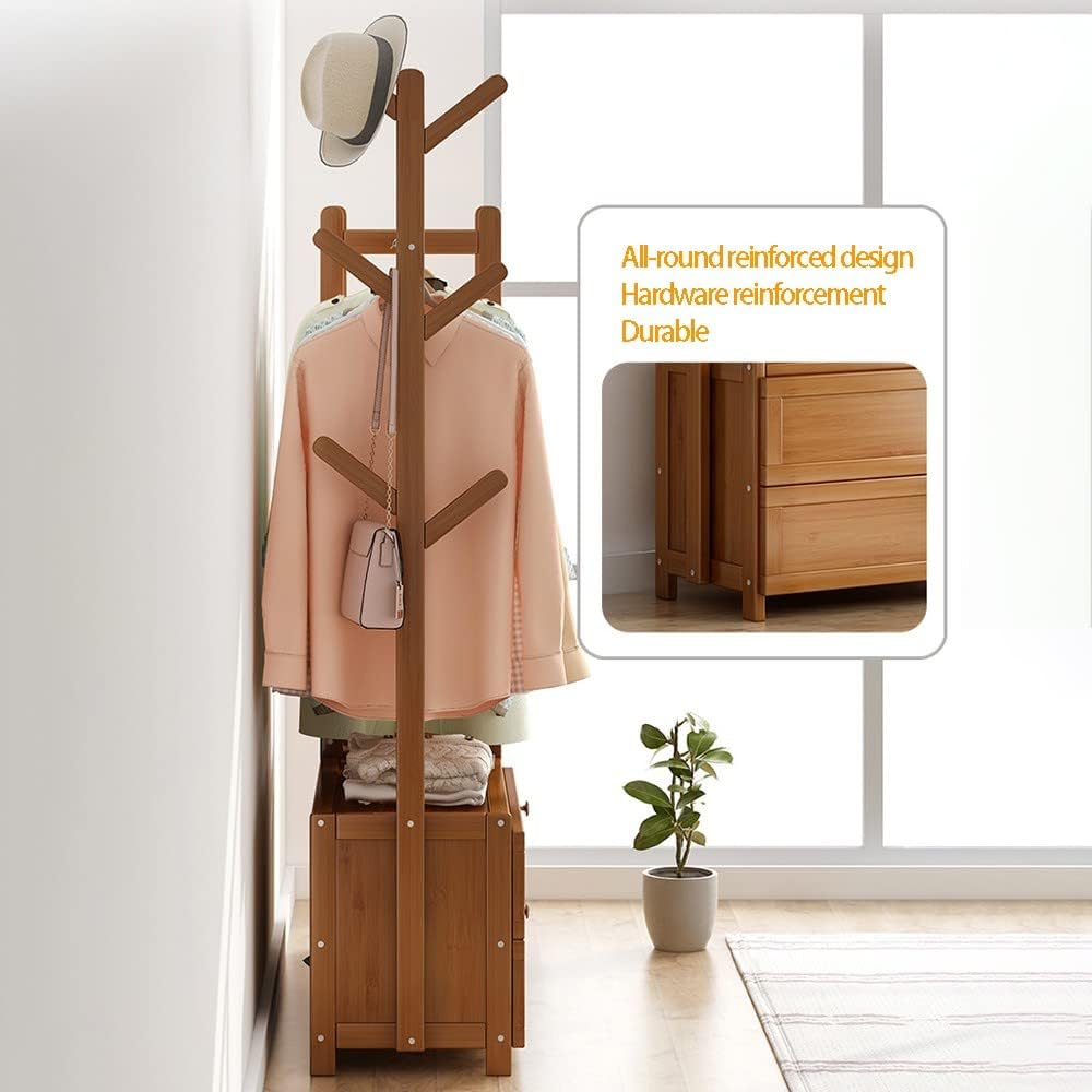 Bamboo Coat Rack with Shelves Freestanding Garment Rack for Hanging Clothes Clothing Rail nizer for Bedroom Hallway and Living Room
