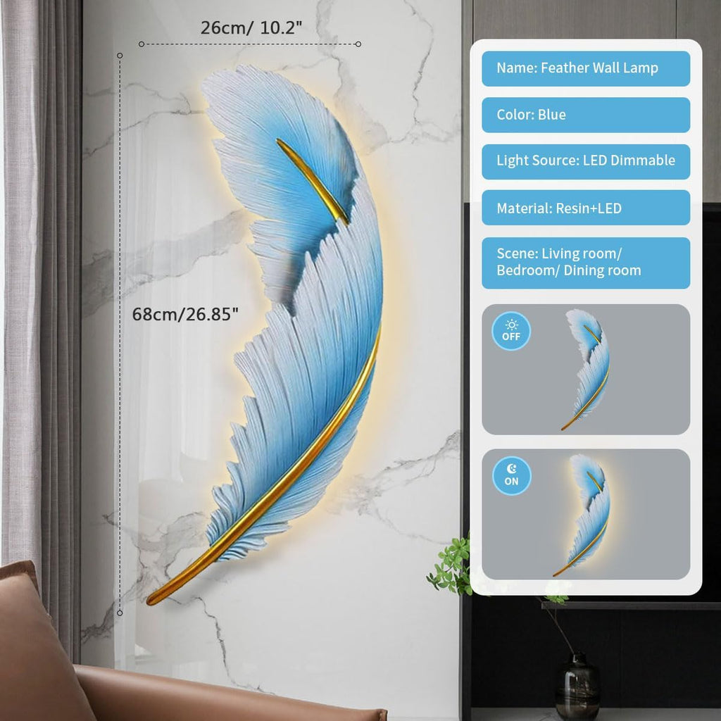 Modern LED Wall Light Vintage Dimmable Wall Lights Fixtures Mid Century Blue Resin Feather Design 3000k-6000k Indoor Wall Mount Lamp for Bedroom Living Dining Room Hallway