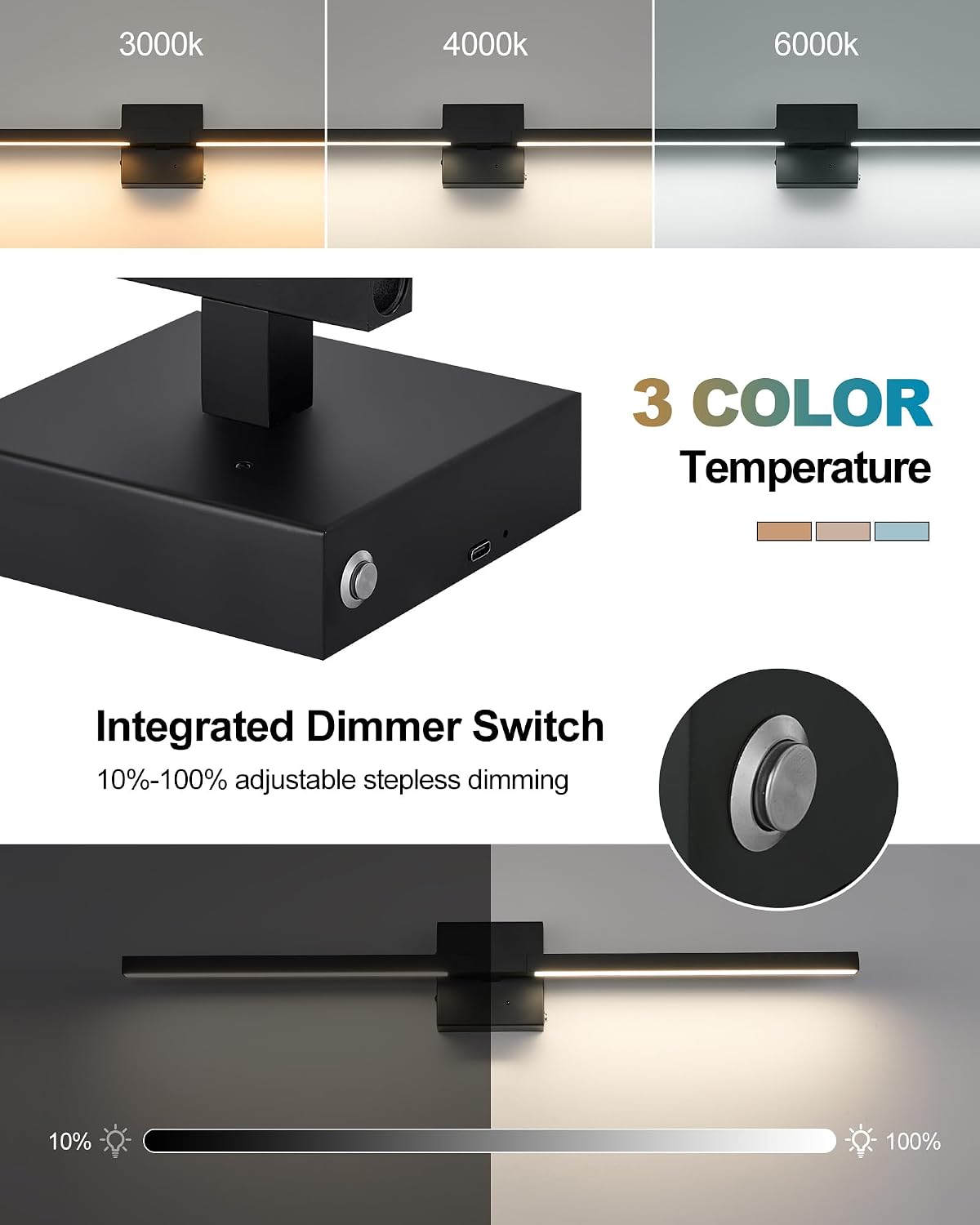 Rayogale Black Battery Operated Wall Sconce with Remote Control 40 Inch | 3000/4500/6000K Dimmable 8000mAh Wireless Rechargeable Wall Sconces Set of Two with Timer for Living Room, Bedroom, TV