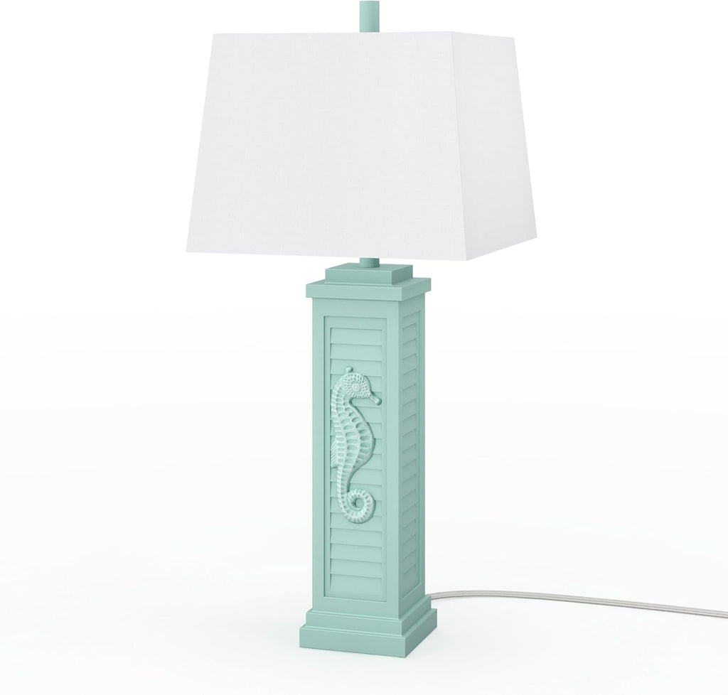 Lux Lighting Sea Horse Shutter 32' Teal Blue/Green Coastal Lamp with USB Charging Port (Set of 2) 3-Way Switch