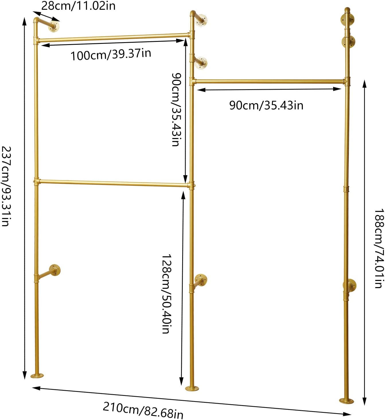 Wall Mounted Clothes Rack, Portable Vintage Rolling Coat Rack Heavy Duty Iron Pipe Garment Hanger Rustic Metal Garment Frame Industrial Pipe Clothing Display Rack for Living Room Bedroom (Gold)