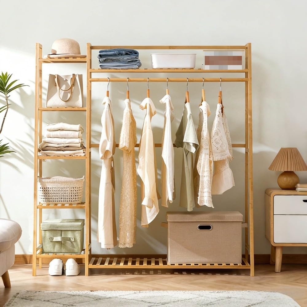 Freestanding Bamboo Clothing Garment Rack with Hanging Rod & Shelves – Multi-Tier Closet Organizer with Shoe Storage for Bedroom, Entryway, Living Room