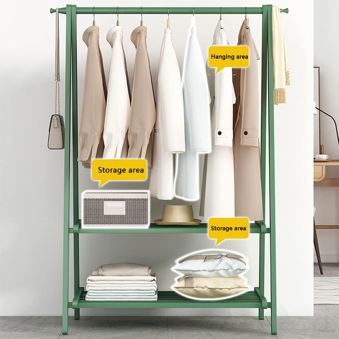 Coat Rack, Bamboo Garment Rack 2 Tier Storage Shelves Clothes Hanging Rack Free-Standing Multifunctional Clothing Rack Portable Wardrobe Closet Organizer Max Load 70kg