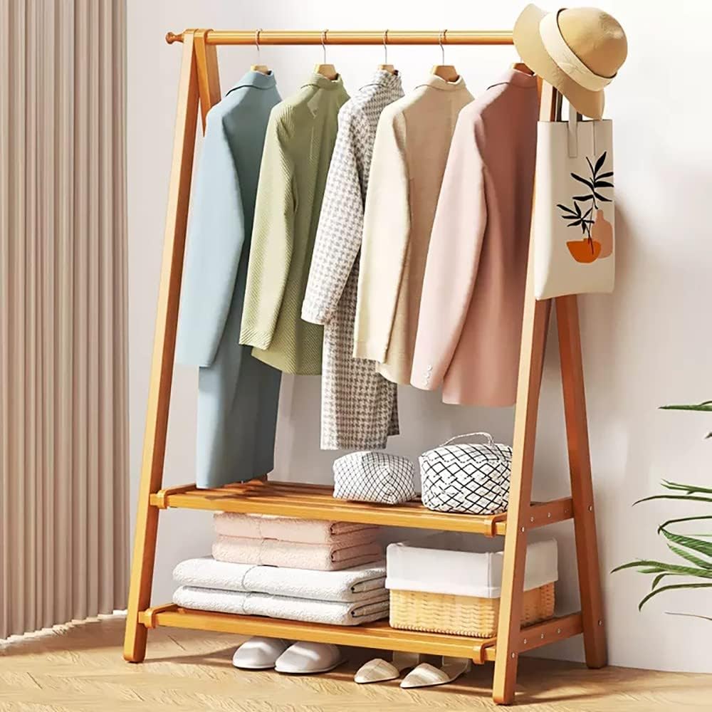 Heavy Duty Bamboo Clothing Rack with Coat Stand & Shoe nizer, 2-Tier Wardrobe Stora for Hanging Clothes, Stylish & Garment Rack for Home nizat