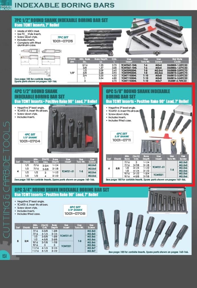 HHIP 1001-0711 Pro Series 6 Piece 5/8' Round Shank Indexable Boring Bar Set