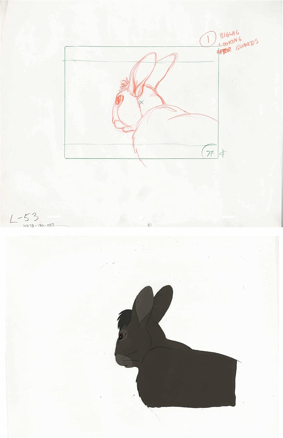 2 lot Watership Down 1978 production Animation Cel AND Key Drawing of Bigwig 130-27