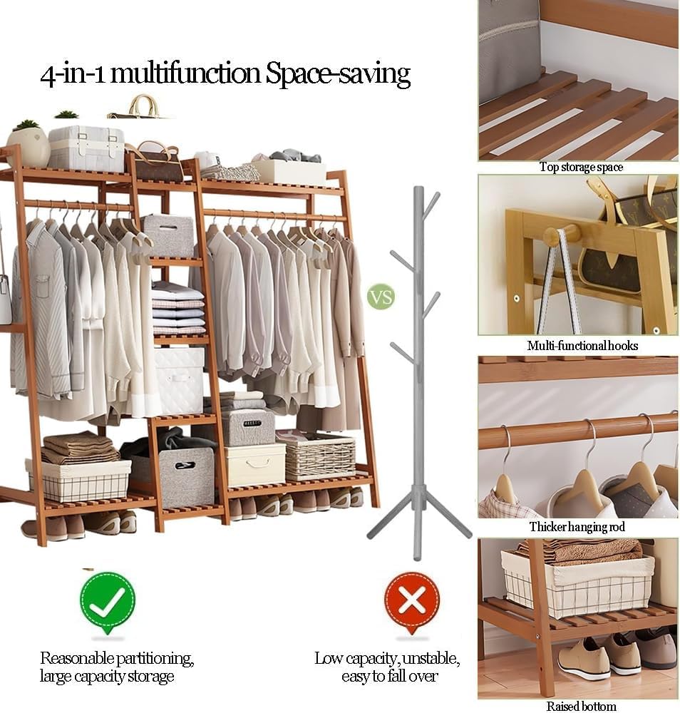 Bamboo Garment Rack with Storage Shelf, Free Standing Coat Clothes Hanging Rack for Hall Living Room Bedroom Office - Portable Wardrobe Organizer for Shoes and Clothes Natural