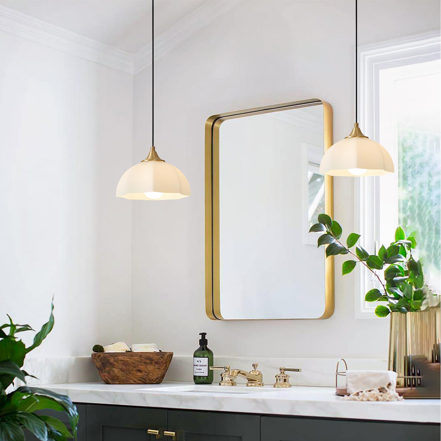 Milk Glass Pendant Light Kitchen Island 2 Pack Mid Century Brushed Gold Dome Ceiling Hanging Light Fixtures Retro Hanging Lamp Set of 2 MPL17-2 GD