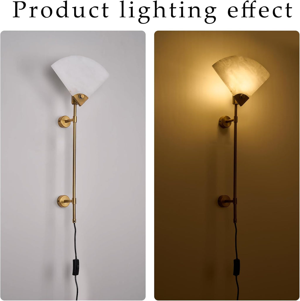 Alabaster Plug in Wall Sconce Set of Two, Natural Marble Wall Light, Wall Mounted Lamp with Plug in Switch E26 Base,Modern LED Wall Lamp for Living Room Dining Room Stairs Bedroom