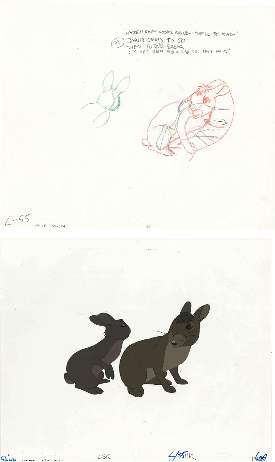 2 lot Watership Down 1978 production Animation Cel AND Drawing of Bigwig 130-14
