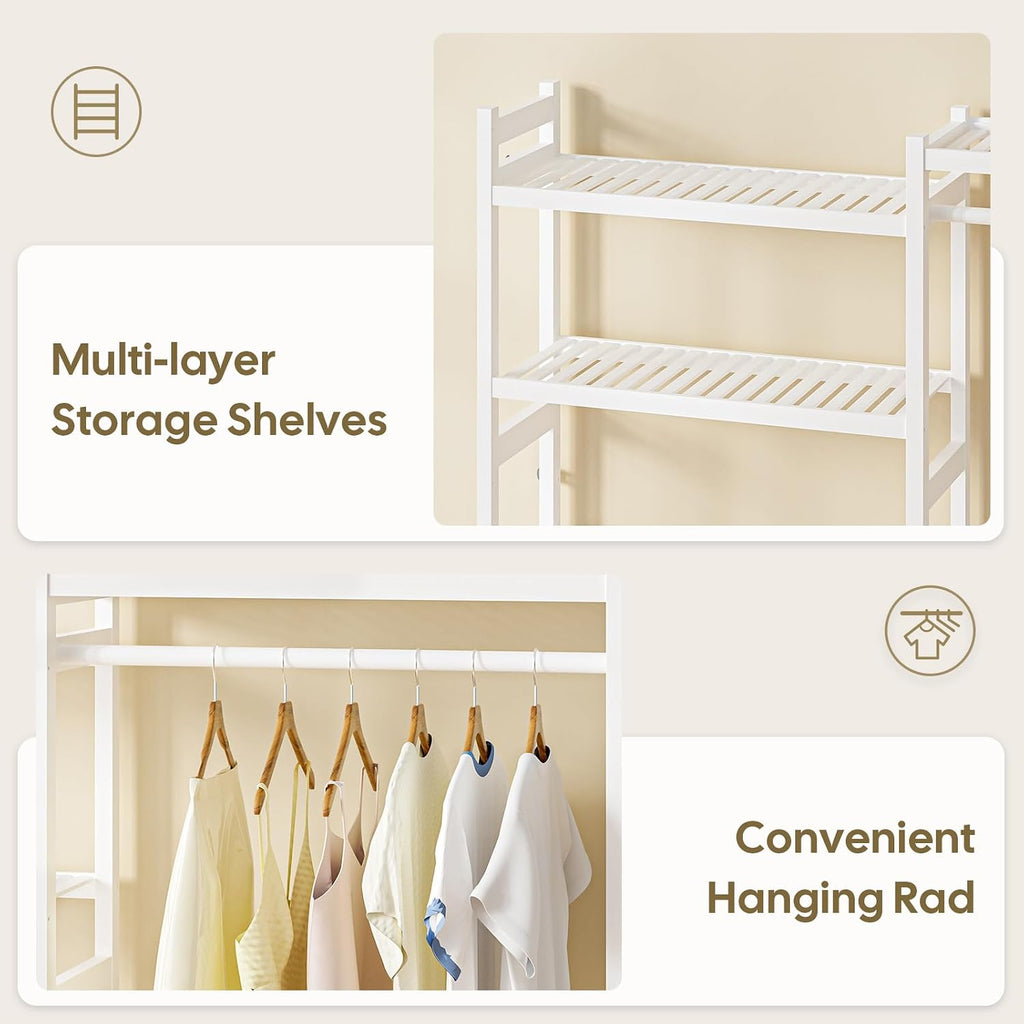 Cozivolife Over The Washer and Dryer Storage Shelf Bamboo,5 Tiers Laundry Room Drying Rack with Adjustable Shelves and 4 Hooks,Space Saver Organizer for Hanging Clothes and Towels (White)