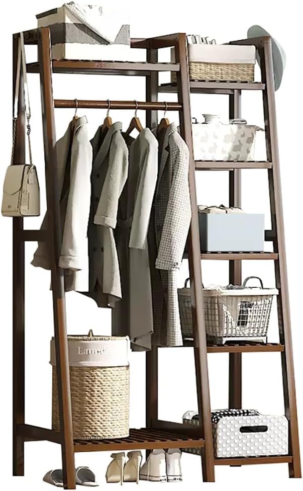 POLGDW Bamboo Freestanding Coat Rack with Top Shelf and Shoe Rack Garment Rack for Clothes Hanging Rod Open Wardrobe Closet nizer for Bedroom and Hallway