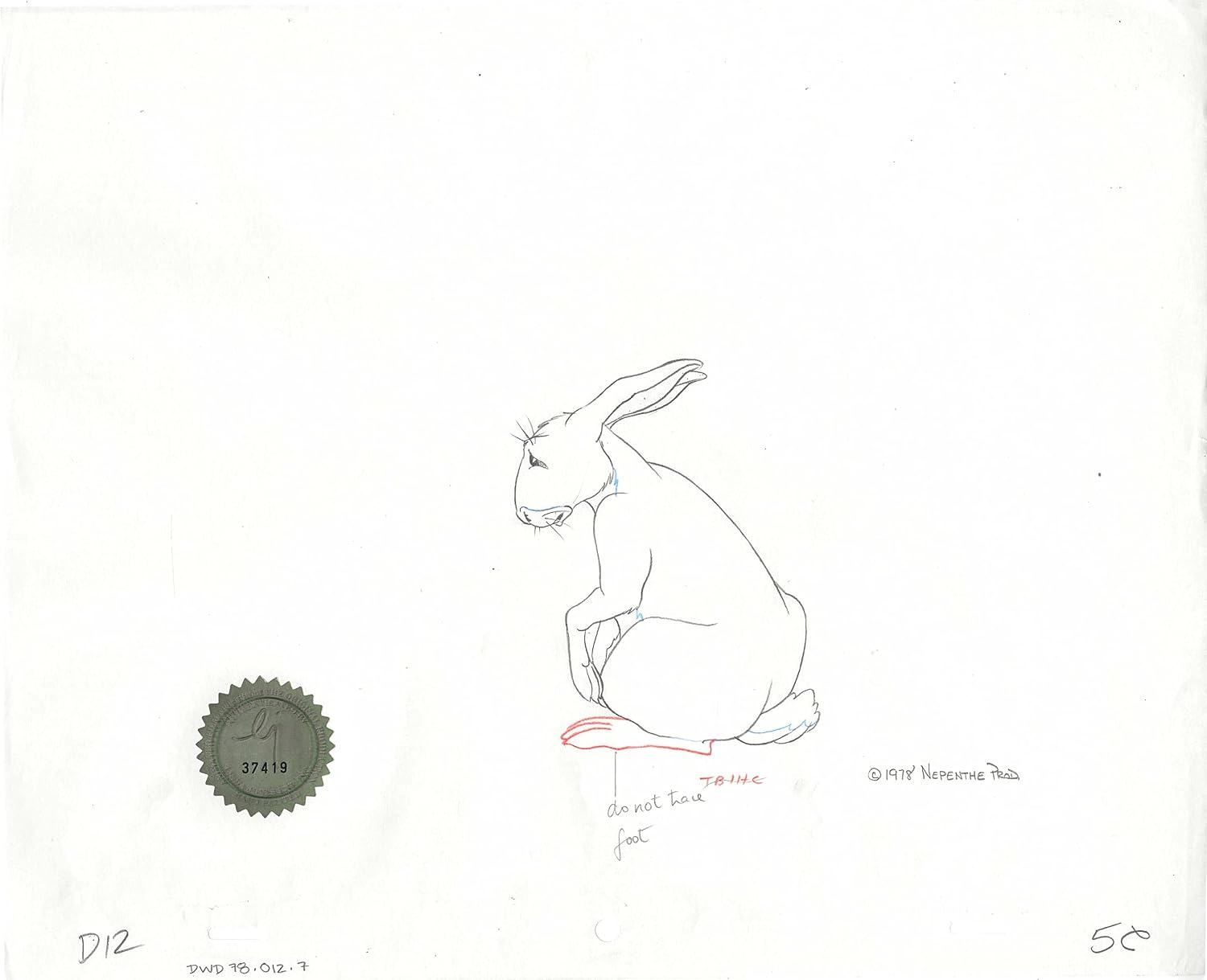 Watership Down 1978 Production Animation Cel Drawing of Cowslip with Linda Jones Seal and Certificate of Authenticity 012-007