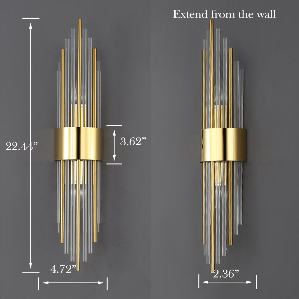2-Light Modern Brushed Titanium Gold Wall Sconce with Clear Glass Crystal Luxury Wall Light Fixtures for Bedroom Living Room Bathroom Vanity Mirror Light Fixtures Set of 2