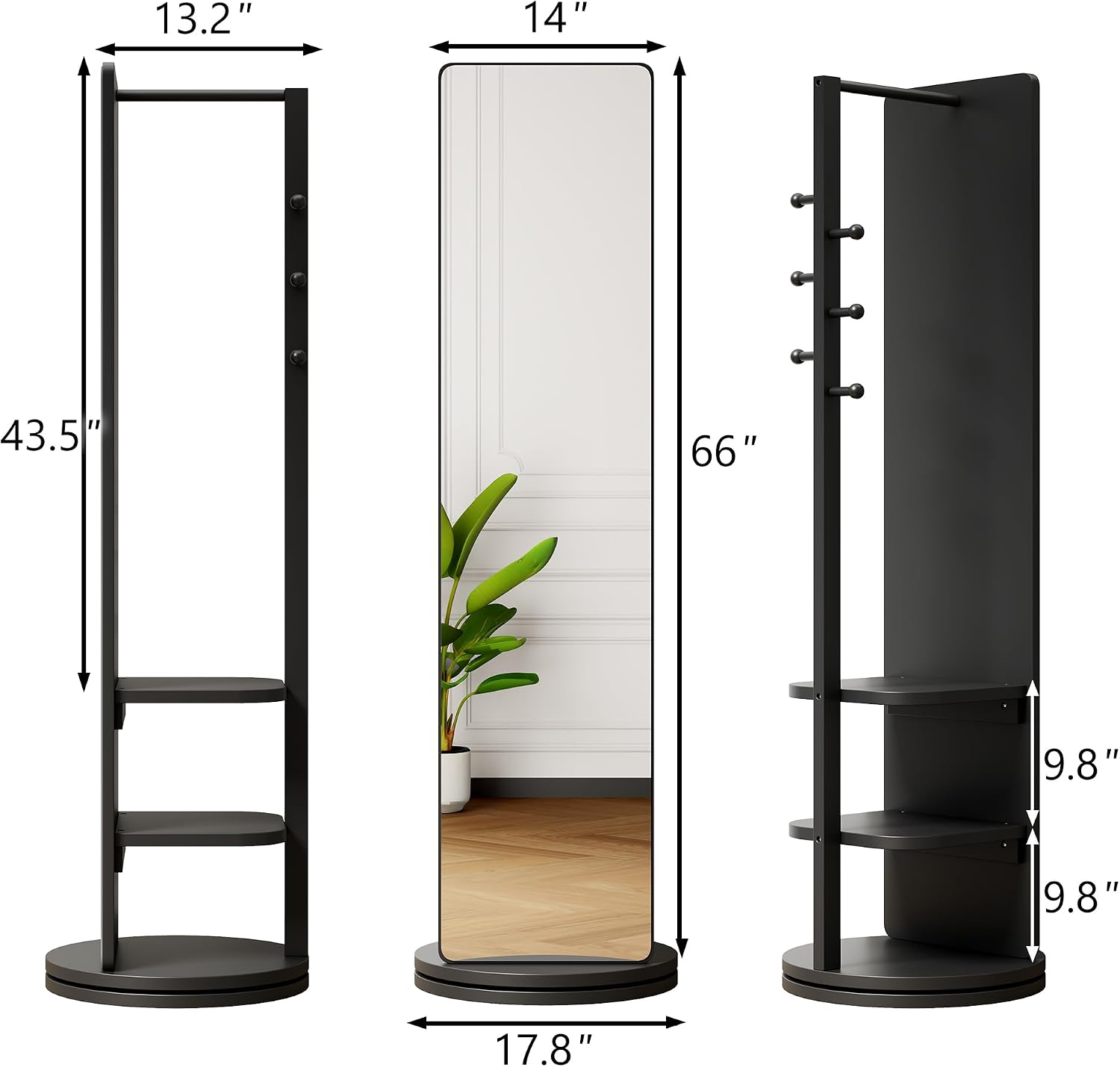 CHANCEE 360° Rotating Mirror Coat Rack, Solid Wood Standing Mirror with Storage Hooks and Shelves, Space-Saving Multifunctional Organizer for Bedroom, Living Room, or Cloakroom (Black)
