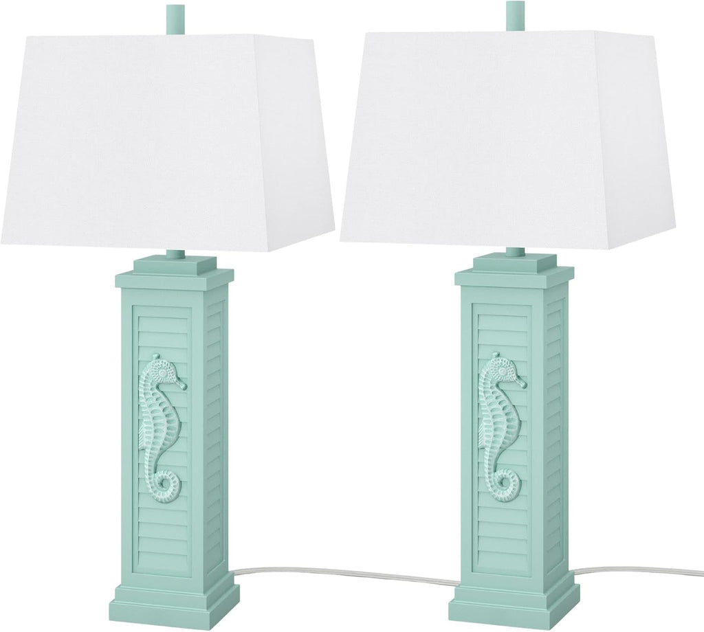 Lux Lighting Sea Horse Shutter 32' Teal Blue/Green Coastal Lamp with USB Charging Port (Set of 2) 3-Way Switch