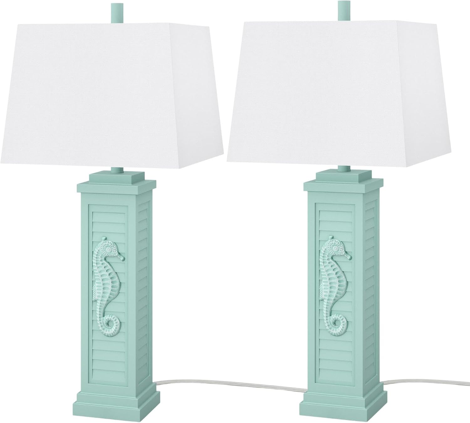 Lux Lighting Sea Horse Shutter 32' Teal Blue/Green Coastal Lamp with USB Charging Port (Set of 2) 3-Way Switch