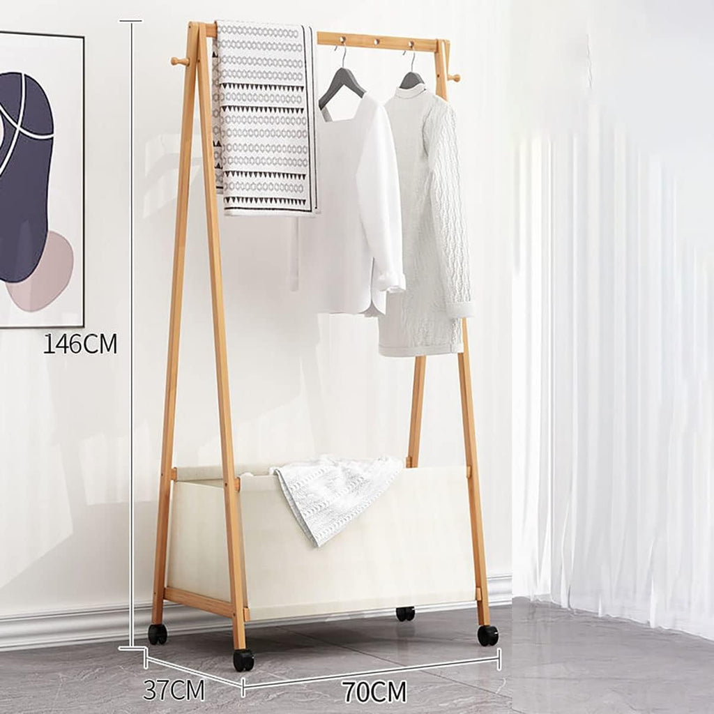 Foldable Clothes Hanging Rack, Bamboo Garment Rack On Wheels, for Bedroom Living Room, Space Saver,70 * 37 * 146cm