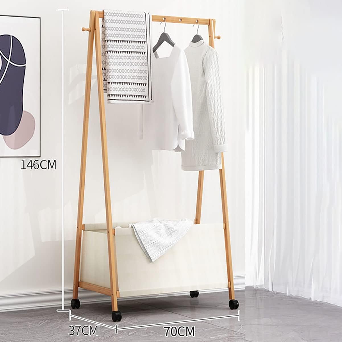Foldable Clothes Hanging Rack, Bamboo Garment Rack On Wheels, for Bedroom Living Room, Space Saver,70 * 37 * 146cm