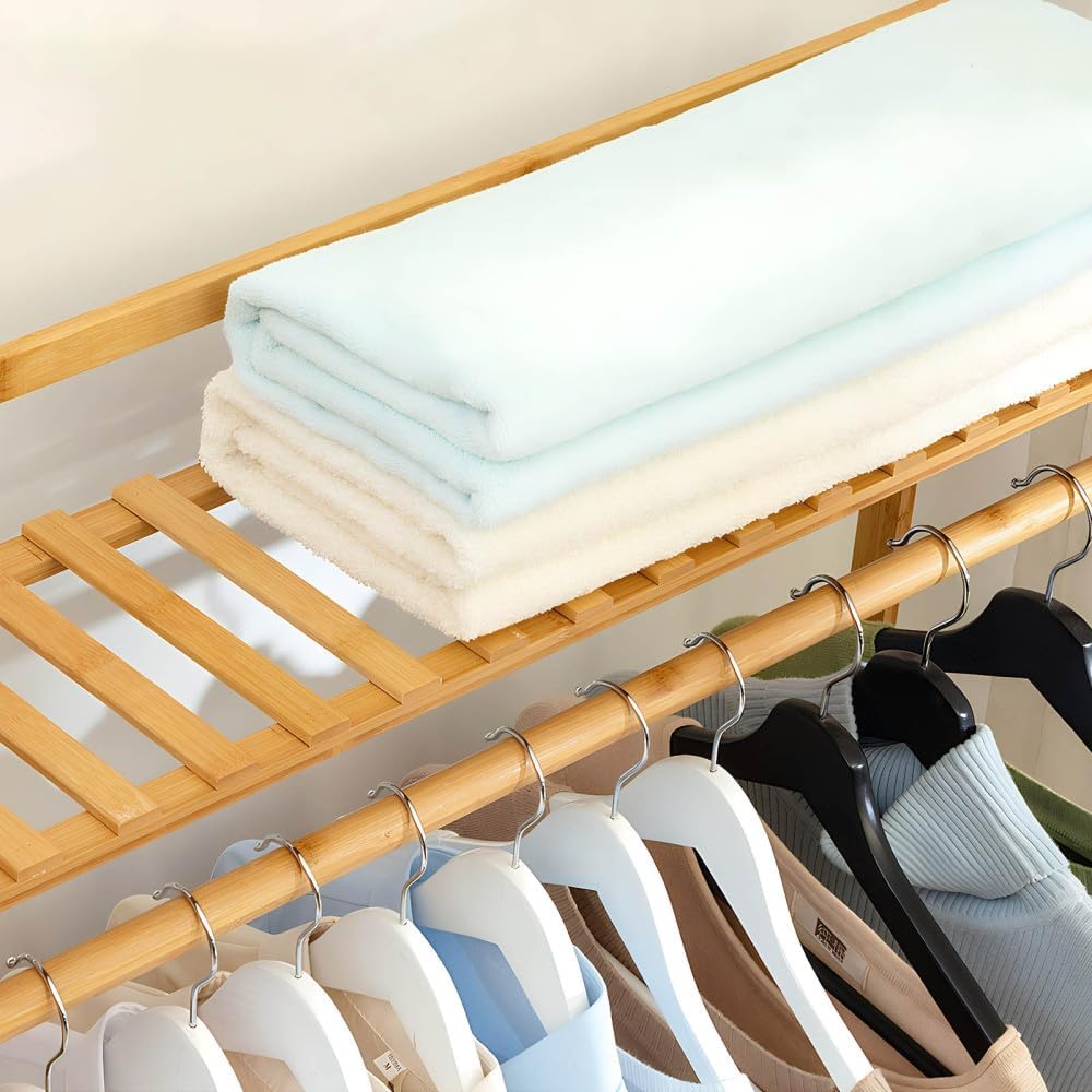 Freestanding Bamboo Clothing Garment Rack with Hanging Rod & Shelves – Multi-Tier Closet Organizer with Shoe Storage for Bedroom, Entryway, Living Room