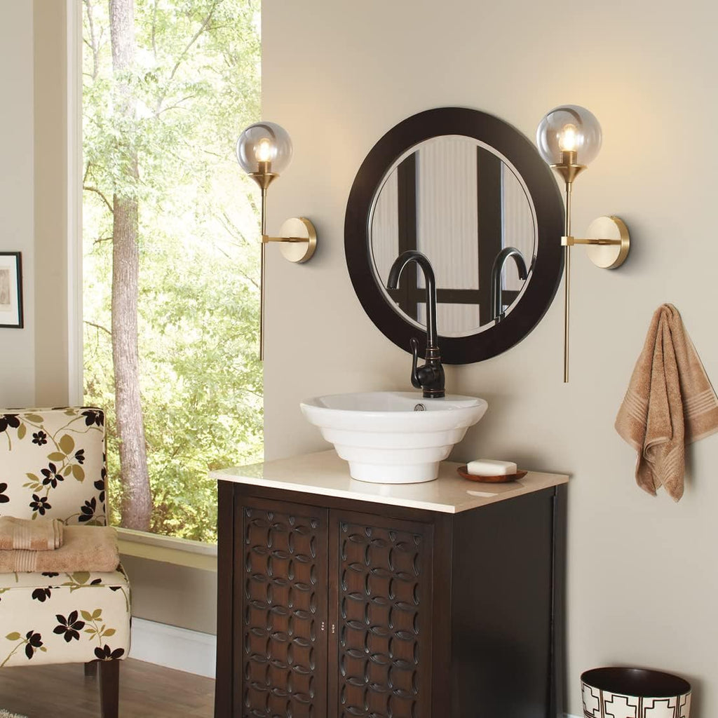 BOKT Brushed Brass Gold Wall Mounted Sconce Set of 2 Mid Century Modern Long Globe Wall Light Fixture Vintage Smoke Gray Glass Wall Sconce Lighting (Smoke Gray)