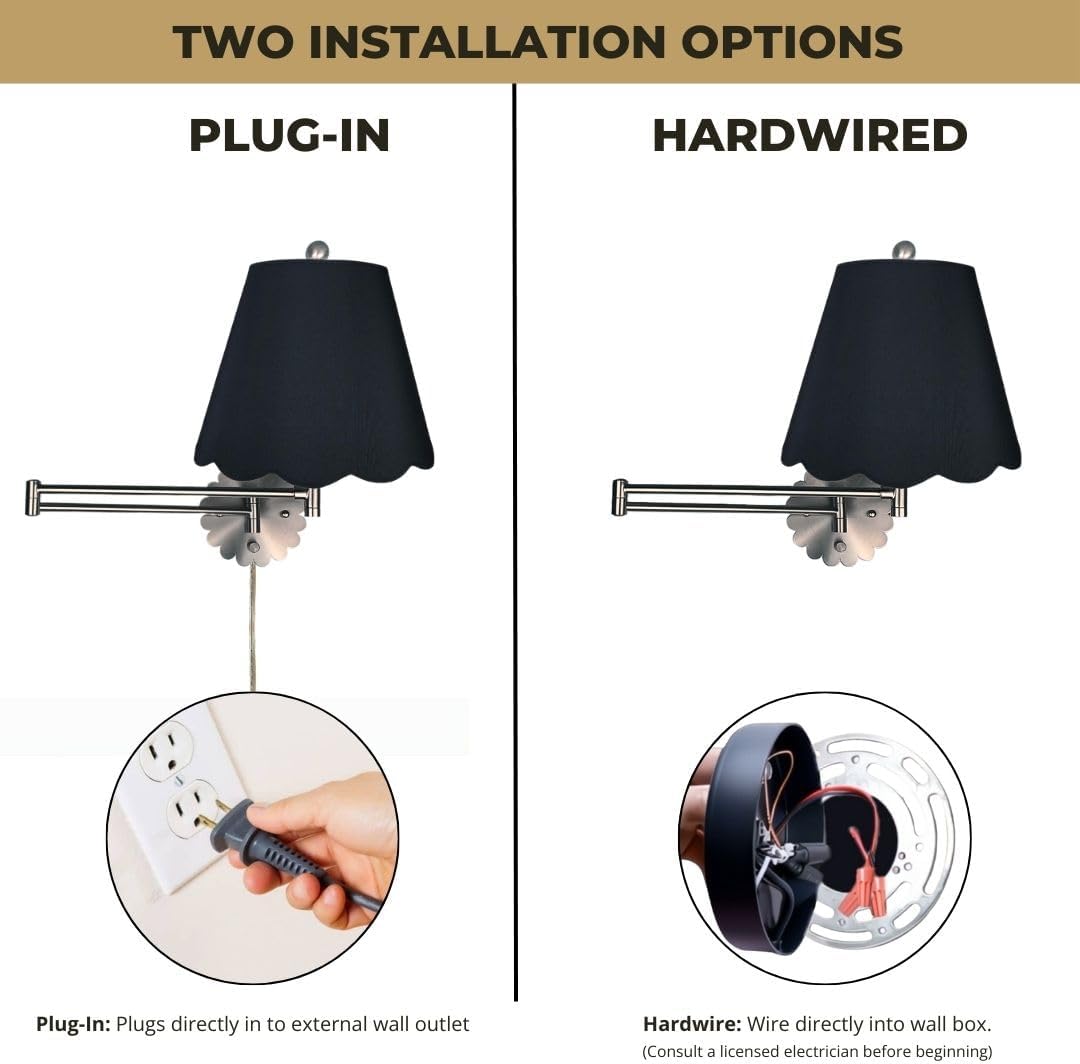 Royal Designs, Inc. Set of 2 Scalloped Swing-Arm Dimmable Wall Lamp - Brushed Nickel Lamp with Black Scallop Hardback Lampshade