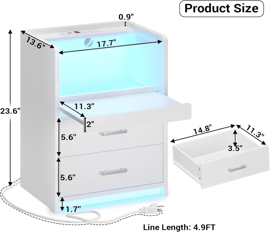 AOGLLATI LED Nightstand Set of 2 with Charging Station, Night Stand with Pull-Out Shelf, 2 Drawers, Bedside Table with LED Lights, Modern End Table with USB Ports Outlets, 2 Pack, White