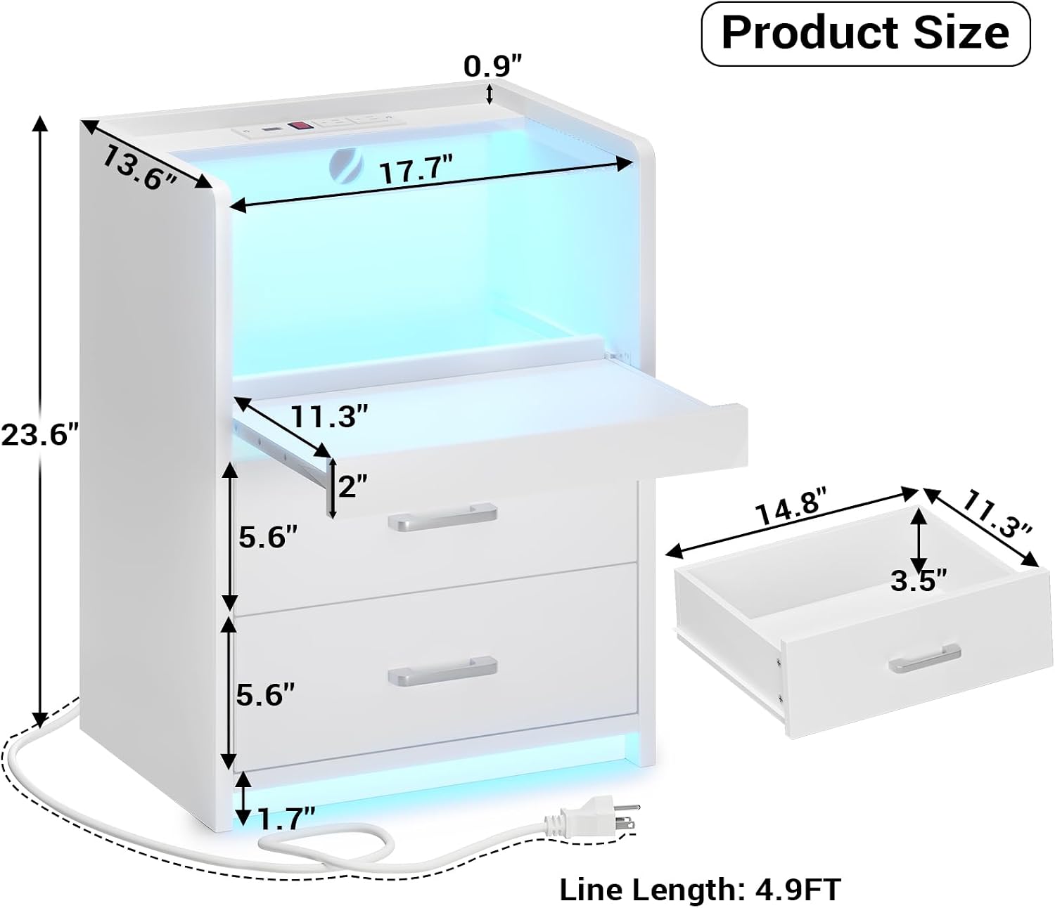 AOGLLATI LED Nightstand Set of 2 with Charging Station, Night Stand with Pull-Out Shelf, 2 Drawers, Bedside Table with LED Lights, Modern End Table with USB Ports Outlets, 2 Pack, White