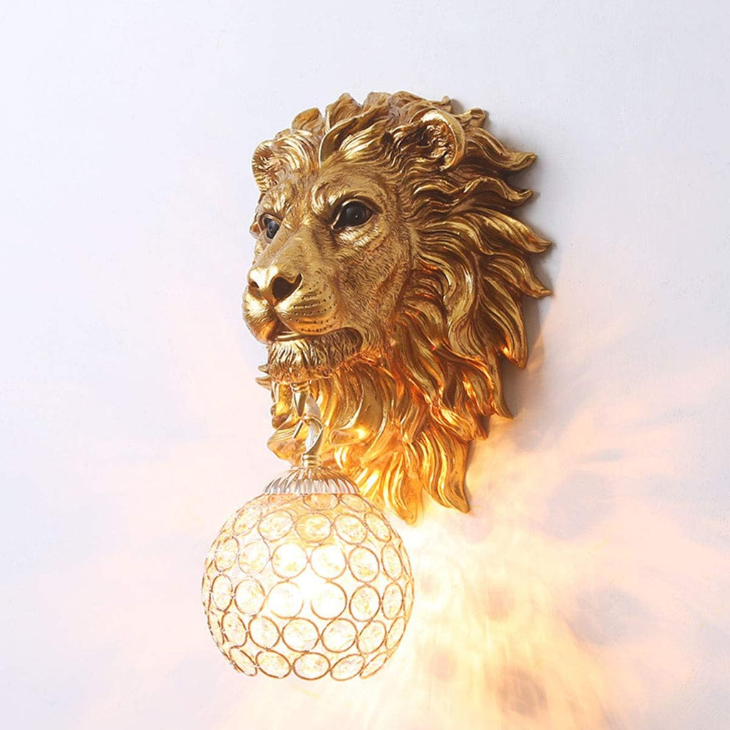 Gold Lion Head Wall Sconces Set of 2, Modern Luxury Crystal Globe Wall Lamp, Resin Animal Head Decorative Wall Mounted Light Fixtures for Living Room Bedroom Hallway Entryway